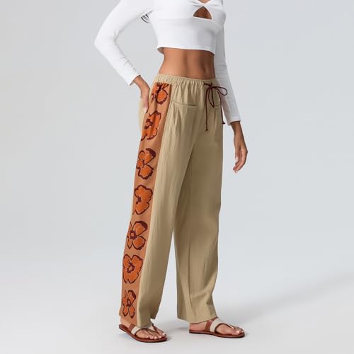 Awoscut Women's Drawstring Straight Wide Leg Pants Elastic Low Waist Side Print Casual Pants Lounge Trousers with Pockets4