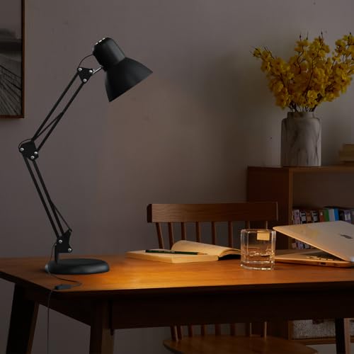 LONGTOO Desk Lamp - Classic Black Swing Arm Clip Base Lamp - Dual Purpose Bright Eye Care Table Light with E27 Replaceable Bulb