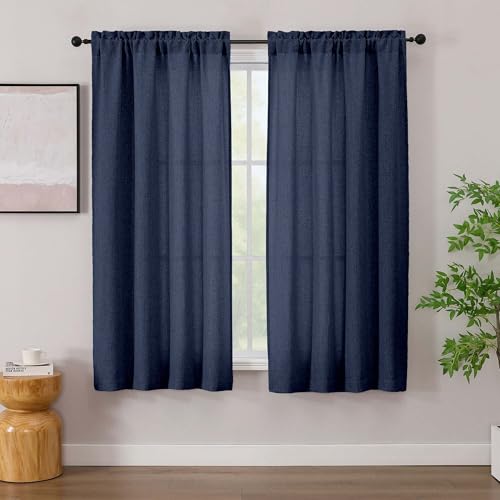 Simplebrand Navy Blue Linen Curtains 63 Inch Length 2 Panels Faux Linen Textured Semi Light Filtering Farmhouse Curtains & Drapes Soft Slub Window Curtains for Living Room Bedroom Each 42 Wx63 L