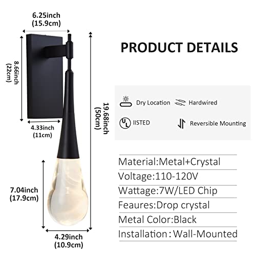 Modern Raindrop Crystal Wall Sconces Set Of Two,Matte Black Sconces Wall Lighting,7W 3000K Warm Led Bathroom Vanity Light Fixtures,Bedside Wall Lamp For Bedroom,Indoor Wall Light For Living Room #TOP2