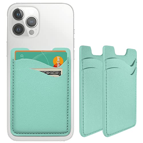 Leather Card Holder Phone Case, Stick-On Wallet, Stretchy & Compatible with iPhone, Samsung - 2Pack Green