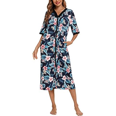 BESDEL Women Floral Nightgown Long Zip Up House Robe Half Sleeve Nightdress Comfy Sleepwear Print Loungewear Floral Navy Blue XXL Cover