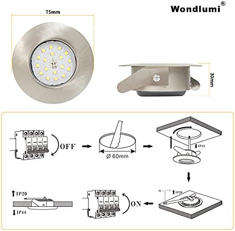 Wondlumi LED Recessed Ceiling Lights, Ultra Slim Waterproof 5W Spot Lights for Ceiling, IP44 Bathroom Downlights Brushed Chrome 240V Cool White, Pack of 6
