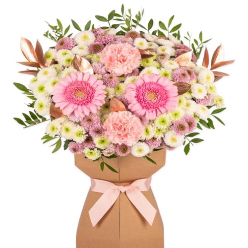 Blushing Elegance Fresh Flower Bouquet Delivered in Presentation Vase | Solidago, Pink Germini & Seasonal Greenery | Natural Card Vase and Pink Ribbon Ribbon | AMFL010
