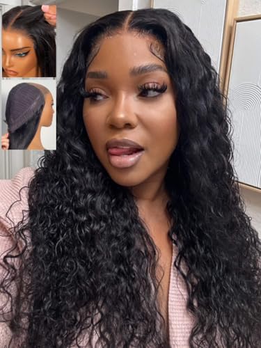 Beauty Forever No Slip Water Wave Human Hair Wig 7x5 HD Lace Bye Bye Knots Glueless Drawstring Wig, Pre Cut Pre Plucked Bleached Knots Wear & Go Deep Stretch Cap14inch