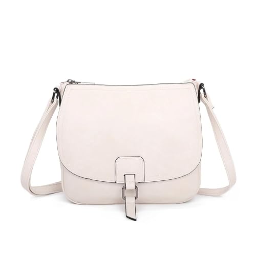 Image of Leeray® Women Crossbody Satchel Handbag with Full Flap - Beige - Adjustable Long Strap, Zip Closure, Faux Leather Shoulder Bag for Casual & Travel Use