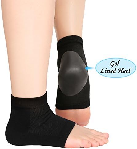 Bememo 3 Pairs Soft Ventilate Gel Heel Socks Open Toe Socks for Dry Hard Cracked Skin Moisturizing Day Night Care Skin (Black, Regular Size)