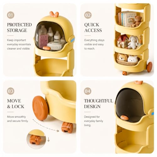 Rolling Toy Organizer with Lockable Wheels, 4-Tier Large Storage Shelf with Dustproof Top Bin, Mobile Kids Organizer for Toys, Books, Baby Essentials, Playroom, Nursery & Classroom - Image 7