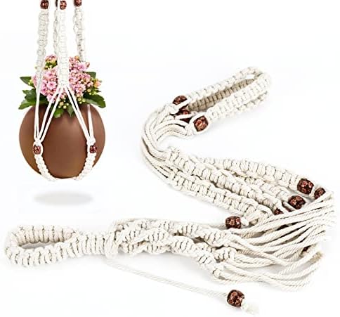 Necamocu Macrame Plant Hanger with Colored Wood Beads and 2PCS Hooks, Elegant Hanging Plant Holder for Indoor Outdoor Plants, Sturdy Hanging Planters with No Tassel, 33 Inch, Ivory