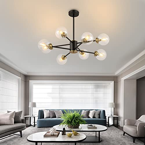 Wingbo 8-Light Modern Chandelier, Sputnik Pedant Light Fixture With Large Clear Glass Globe Shade For Flat And Slop Ceiling, Height Adjustable For Kitchen Living Room Dining Room Bedroom, Black #TOP5
