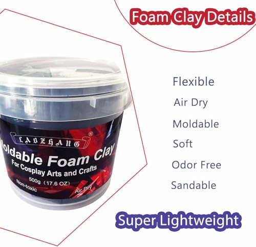 500g Cosplay Foam Clay,Lightweight Sculpting Foam, Air Dry Clay for Cosplay and Costumes,Moldable Foam Clay for Intricate Designs, Cutting or Rotary Tool, Sanding or Shaping (Black)