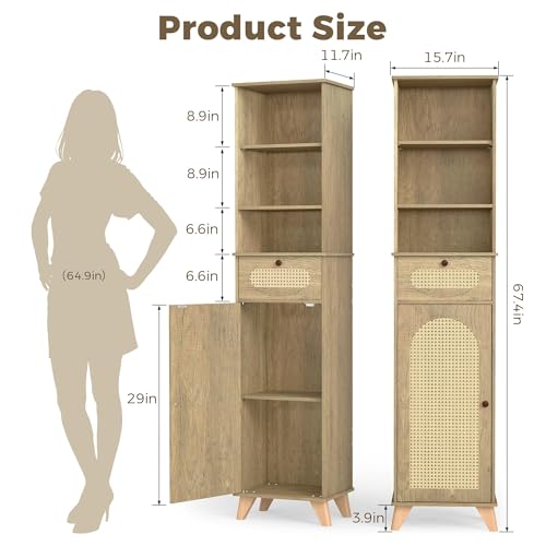 Quikraen Tall Bathroom Storage Cabinet with Rattan 67in Extra Tall Narrow Cabinet with Adjustable Shelves Bathroom Cabinet Storage for Living Room Dining Room Laundry - Image 3