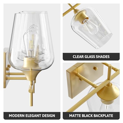 VONLUCE Bathroom Vanity Light, 3 Light Bathroom Light Fixture Over Mirror, Bathroom Wall Lamp with Clear Glass, Modern Gold Vanity Lighting fixtures for Bathroom, Bedroom, Hallway by VONLUCE - Image 4