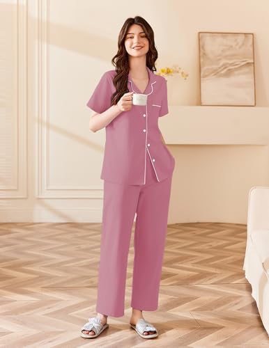 Image of Ekouaer Women's 100% Cotton Pajamas Set Short Sleeve Button Down Pjs 2 Piece Soft Sleepwear with Long Pants Lounge Set