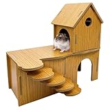 Hamster Hideout with Ladder Double-Layer Dwarf Hamster Wooden Maze Tunnel Multi Chamber Habitat Decor for Gerbil Syrian Mouse Rat
