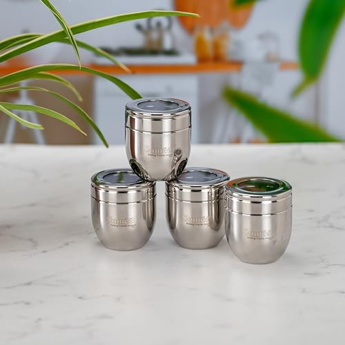Image of Sumeet Stainless Steel Conical Shape Canisters /Dabba /Storage Containers for Kitchen with See Through Lid, Set of 4 Pcs, 150ml Each, 6cm Dia, Silver