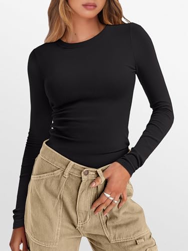 ANRABESS Womens Long Sleeve Thermal Shirts Slim Fit Basic Tee Tops Warm Fleece Undershirts 2025 Fall Winter Layer Outfits Black Small