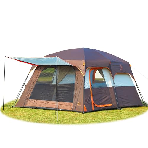 KTT Extra Large Tent 10 Person,Family Cabin Tents,2 Rooms,3 Doors and 3 Windows with Mesh,Straight Wall,Waterproof,Double Layer,Big Tent for Outdoor,Picnic,Camping,Family Gathering(Brown)