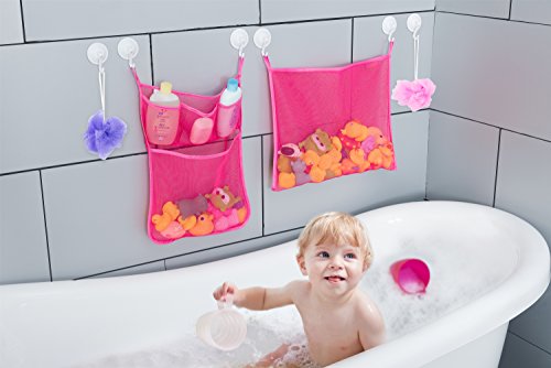2 X Mesh Bath Toy Organizer + 6 Ultra Strong Hooks – The Perfect Bathtub Toy Holder & Bathroom Or Shower Caddy – These Multi-Use Net Bags Make Baby Bath Toy Storage Easy – For Kids & Toddlers #TOP2