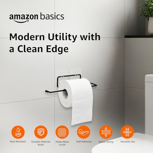 Image of Amazon Basics Self-Adhesive Toilet Paper Holder | Wall-Mounted Bathroom Tissue Roll Hanger | Rust Proof GI Steel with Powder-Coated Black Finish | 24.8L X 5.47W x 4.8H cm, Pack of 2