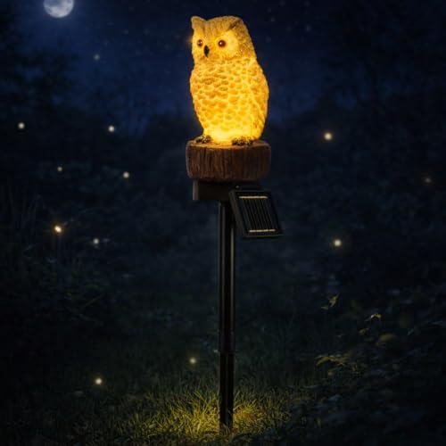 iStatue Solar Owl Garden Stake Lights, Realistic Resin Owl Outdoor Decor with Warm Glow, Waterproof Solar Yard Pathway Lawn Decoration Auto On/Off (1-Pack, Owl)