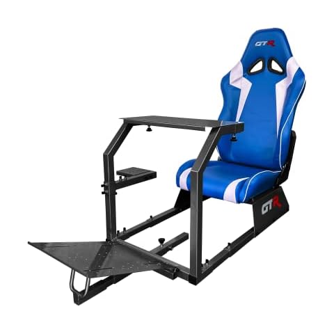 GTR Simulator GTA Model Majestic Black Frame with Adjustable Blue White Leatherette Racing Seat Racing Driving Gaming Simulator Cockpit Chair Cover