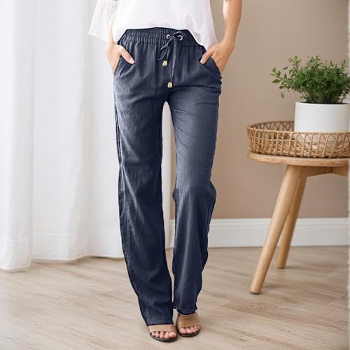 TIAFORD Women's Cotton Linen Straight Leg Pants Lightweight Casual Trousers Elastic Waist Lounge Pants with Pockets2