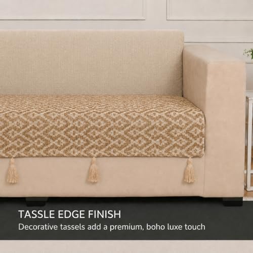 Image of STITCHNEST 'Nomad Weave Collection' 1 Seater Sofa Cover|Elegant Jacquard Fabric, Decorative Tassels, Washable & Durable for Modern Living25