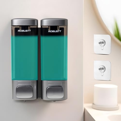 Image of Robustt Wall Mount Dual Soap Dispenser 2 x 200 ML - Chrome (with Adhesive Hooks) | Gel Conditioner Shampoo Body Wash Dispenser - Ideal Design for Bathroom, Kitchen, Hotels, Malls (Pack of 1)
