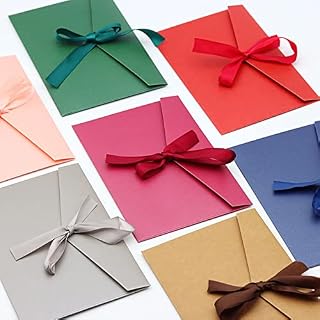 12 PCS Colourful Kraft Envelopes,Gift Card Kraft Envelopes with with Colored Ribbons,Mini Bows Vintage Kraft Envelopes for Gift Cards, Wedding Invitation,Greeting Card