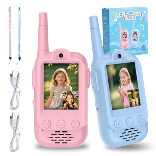 2PCS Video Walkie Talkies for Kids Camping Toys Spy Gear Outdoor Games for Family Hide and Seek Spy Role Play ABS 1000mA Rechargeable Battery Long-Range 480HD Camera Voice Changer Toy - Blue/Pink