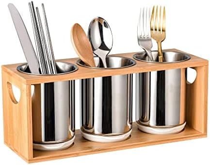 IMEEA Flatware Organizer Cutlery Holder Utensil Caddy with Bamboo Base SUS304 Stainless Steel Utensil Crock for Kitchen Countertop