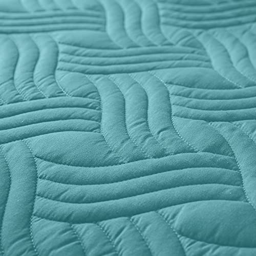 Whale Flotilla Quilt Set Twin Size, Soft Microfiber Lightweight Bedspread Coverlet Bed Cover (Wave Pattern) For All Seasons, Turquoise, 2 Pieces (Includes 1 Quilt, 1 Sham) #TOP5