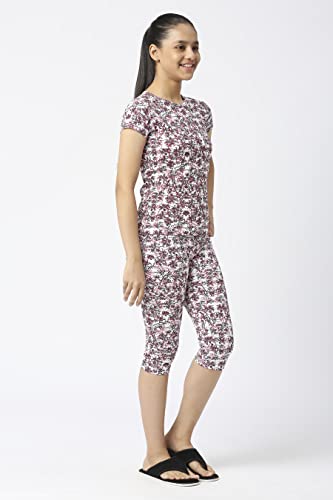 Image of SINI MINI Round Neck with Half Sleeve Top & Capri Beige Girls Casual Pack of 1 Night Suit Set