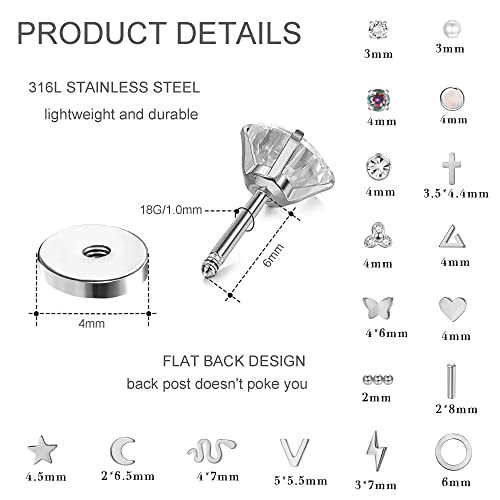 Fibo Steel 18 Pairs Flatback Stud Earrings 18G Surgical Steel Cartilage Studs For Women Cute Moon Star Snake Opal Disc Ball Cz Stud Earring Set Silevr Tone #TOP1