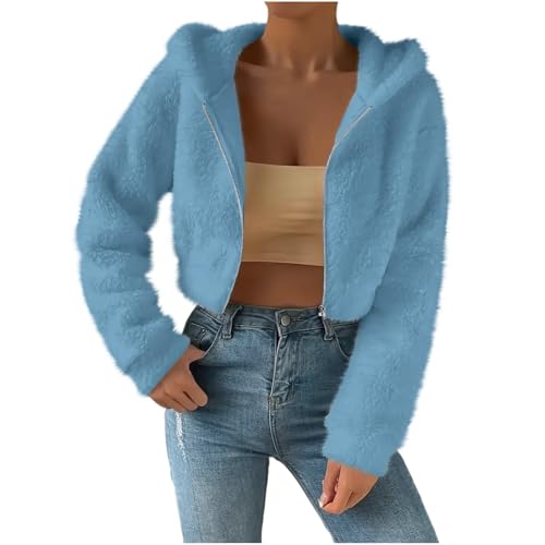 Chaqueta de forro polar para mujer, sudadera con capucha para mujer, abrigo de invierno con cremallera, chaqueta corta para exteriores, regalos de Navidad, azul celeste, 3XL