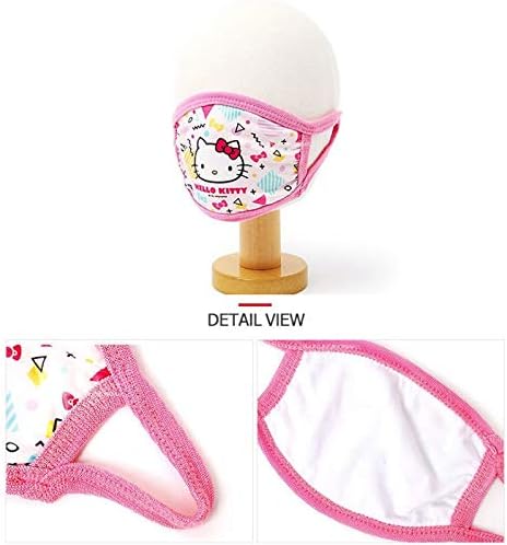 A Hello Kitty face mask displayed on a mannequin head, with close-up views of the ear loop and the inner fabric lining.