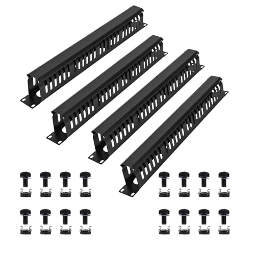 Cable Manager 1U Rack Mount, 19 Inch Horizontal 24 Slot Metal Finger Duct with Cover - 4 Pack for Server Racks, Black