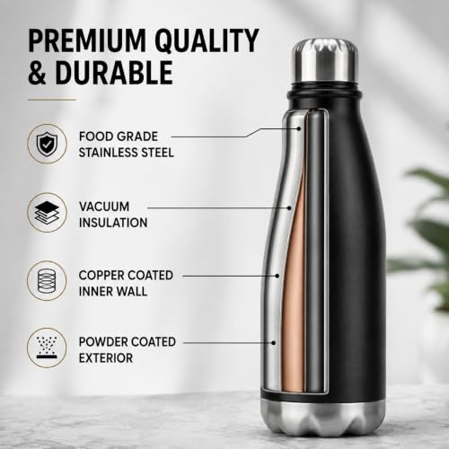 Image of Classic Essentials Insulated Double Wall Stainless Steel Water Bottle 500 ML | 12 Hours Hot & 24 Hours Cold | Vacuum Insulated, Leakproof Bottle for Home, Office, Gym & Travel (Black)