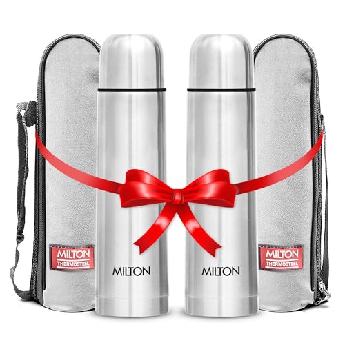 Image of Milton Vacuum Flask for Hot Drink 1 litre (34 oz), Stainless Steel Double Walled Insulated Water Bottle for 24 Hour Hot and Cold drinks with cover, Leak proof, Thermosteel Flip Lid 1000 ml Set of -2