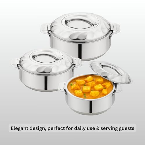 Image of Stainless Steel Casserole with Lid, Set of 3 (2500 ml, 3500 ml, 5000 ml), Double Wall Insulated Hotpot, Keeps Food Hot & Fresh, Durable Heavy Duty, Ideal for Roti, Rice, Curry, Biryani - Silver
