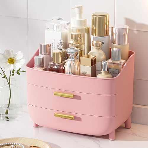 Image of Vtopmart 3-Tier Skincare Makeup Organizer with Drawers for Vanity and Bathroom Countertop, Large Cosmetic Storage Box Case for Dresser, with Non-Slip Base, Pink