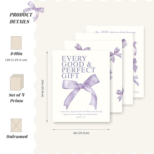 Image of LARTSFRO Coquette Purple Bow Christian Wall Art Decor Posters, Purple Bow Room Bedroom Bathroom Dorm Wall Art Decor Aesthetic for College Teen Girls Gifts, Inspirational Bible Verses Bow Wall Decor, 10x8 Inch Set of 4 Pcs Bow Pictures (UNFRAMED)