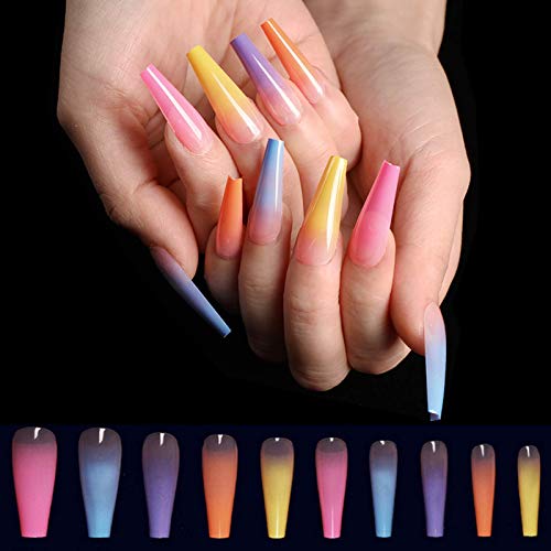 editTime Super Long Rainbow Fake Nails Gradient Color Coffin Glossy Press on Nails Ballerina Colorful Acrylic False Nails Art Salon Faux Ongles Fingers Nails (Gradient Color-Ballerina Nails)