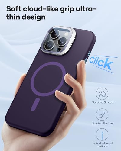Image of Vihibii for iPhone 15 Pro Max Case, [Compatible with MagSafe], Built-in Transparent Lens Cover & Camera Stand, Full-Body Shockproof Soft Silicone Rubber Phone Cover with Microfiber Lining, Purple