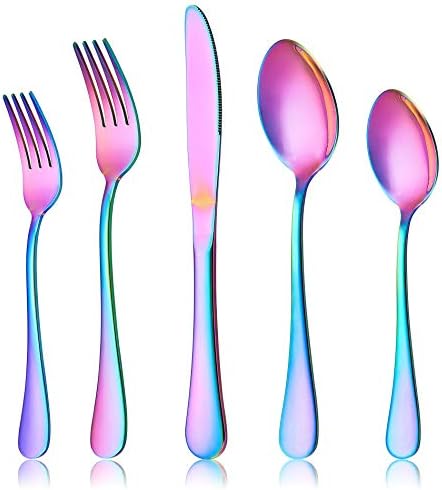 LIANYU Rainbow Flatware Cutlery Set, 20 Piece Stainless Steel Colorful Silverware Set for 4, Tableware Eating Utensils, Mirror Finish, Dishwasher Safe