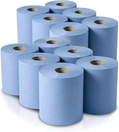 12 x Centre Feed Rolls Blue Tissue Paper Roll (2 Ply) Centrefeed Paper Tissue Rolls -Embossed Pattern Hand Towel-for Home Office Warehouse Bathroom Garage Kitchen, Wipe Away