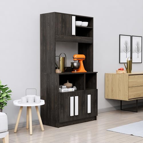 Image of Bniture Multipurpose Kitchen Cabinet | Engineered Wood Crockery Cabinet Modern with 4 Doors and Open Shelves | Crockery Unit for Dining Area | Kitchen Crockery Cabinet for Home | Flower Wenge