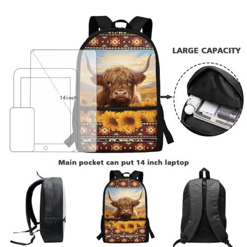 Kids Backpacks for 7th Grade with Lunchbox,Pencil Case,Water Bottle Sleeve,Western Aztec Highland CowSchoolbags for Kindergarten Preschool Schoolbag Boys/Girls Bookbag School Backpack4
