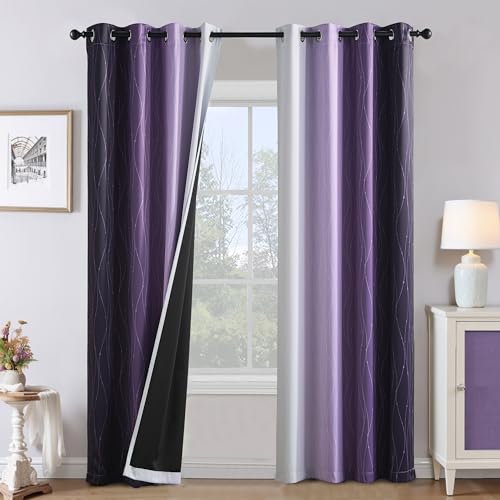 PONY DANCE 100% Blackout Ombre Wave Curtains - Thermal Privacy Curtains, Noise Reducing Eyelet Gradient Drapes for Bedroom and Living Room, 52 x 54 Inch, Purple and Greyish White, 2 Panels